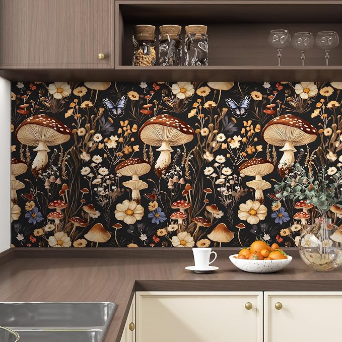 BOKEBEVE Mushoroom Wallpaper Peel and Stick Boho Black Brown 17.5 x 393.5In | Extra Long Removable Renter Friendly Vintage Floral Wall Paper for Bedroom Bathroom Cabinet Drawer Feature Accent Wall - Image 3