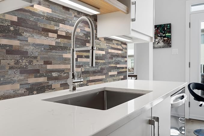 Yipscazo 5 Sheets Peel and Stick Wood Metal Tile Backsplash, Stick on Tiles for Backsplash Kitchen, Bathroom, Laundry Room, Camper, Fireplace (12'' X 12'', Mix Rustic with Gold) - Image 3