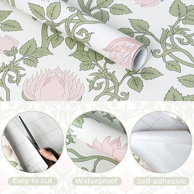 YXTII Peel and Stick Wallpaper Pink Floral Damask Wallpaper for Bedroom Decorative Self Adhesive Shelf Drawer Liner - Image 6