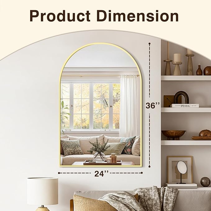 Arched Bathroom Vanity Mirror for Over Sink, 2 Pack 36”x24”, Gold - Image 3