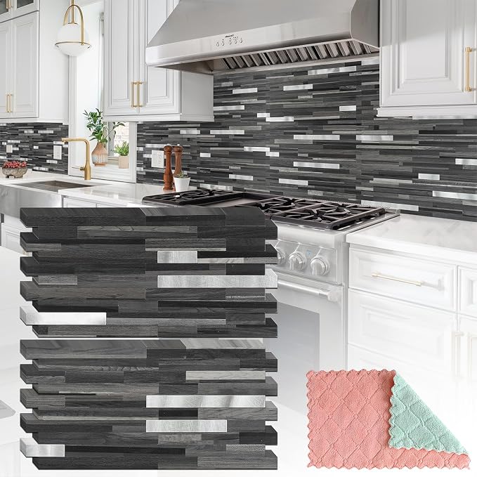 StyloVue 20 Sheets Peel and Stick Tile Backsplash, Black with Metal Gold Look Stick on Tile Upgrade Your Kitchen Backsplash, RV, Fireplace by StyloVue