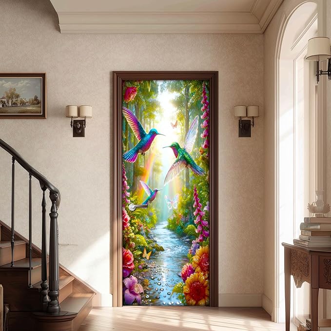 HOMETITUTE Hummingbird Forest Stream Peel Stick Door 30.3x78.7 PVC | Wall Cover Poster Decals Removable Wallpaper Self Adhesive Livingroom Bedroom - Hummingbird - Image 2