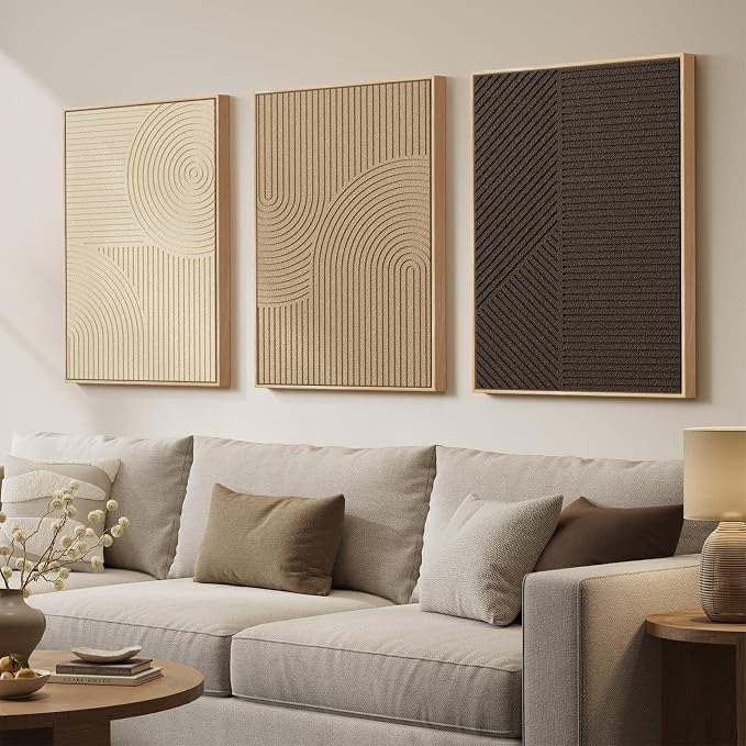 Large 3D Framed Neutral Abstract Wall Art Set of 3, Modern Artwork 20x30 In | Solid Wood Frame, Textured Paintings, Beige Brown Tan Geometric Sculptural, Pictures Wall Decor Living room Bedroom Office by Cuspin