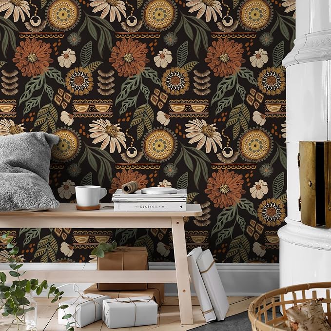 Simon&Siff Boho Floral Peel and Stick Wallpaper 17.3" x 800" | Sun Floral Retro Contact Paper Removable Self Adhesive Contact Paper, Renter Friendly for Cabinets, Furniture, DIY Decor - Image 4