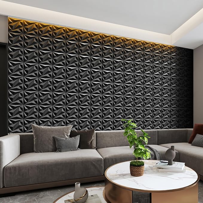 INMOZATA 3D Wall Panels, Diamond Textured PVC Accent Wall Panels | 33-Pack 12" x 12" PVC Decorative Wall Panels for Interior Wall Decor, TV Gaming Living Room, Bedroom Background, Black - Image 7