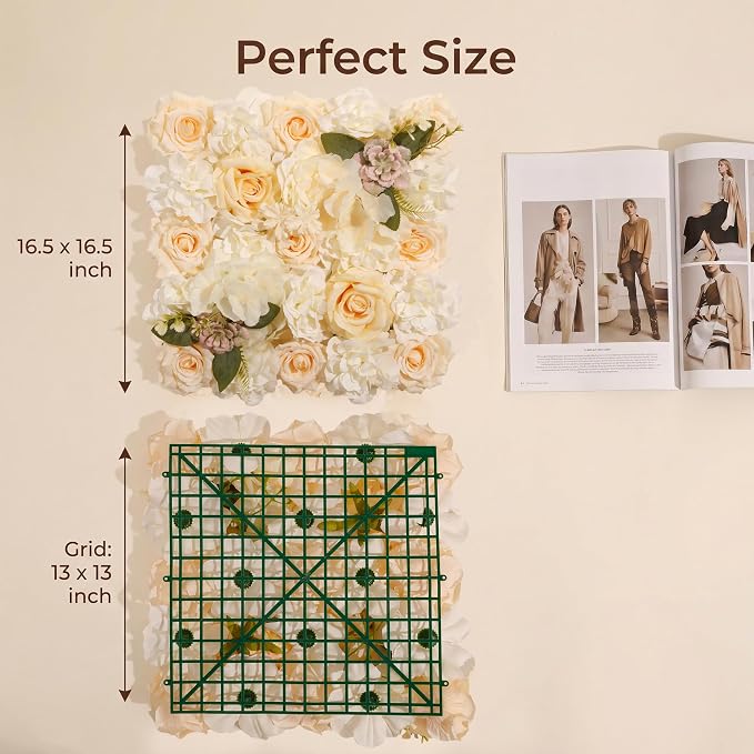 Flower Wall Backdrop, 12 Panels, 16.5x16.5 Inch, Champagne Rose | 3D design, realistic look, Seamless Design,eco-friendly,easy to assemble,reusable,.Suitable for weddings,Party,home décor - Image 3