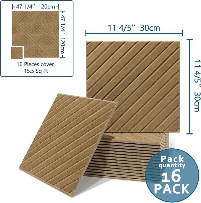 16-Pack Acoustic Wall Panels, 11.8" x 11.8" Peel and Stick PET Diagonal Slat Soundproof & Noise Cancelling Felt with 96 Adhesive Tabs, 3D Textured Sound Absorbing Panels for Home Office, Natural Oak - Image 2