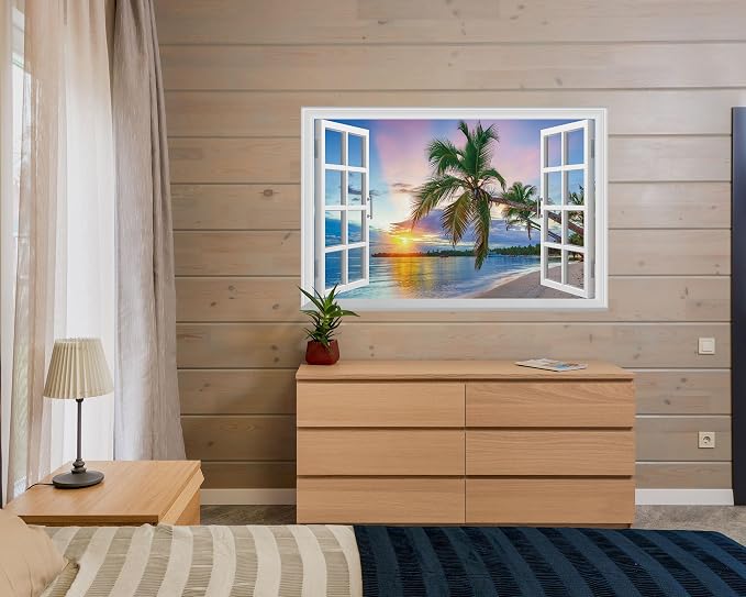 FLFK Fake Window Wall Mural - Sunrise Over the Sea Faux Window Wall Sticker for Wall Decor, Stick and Peel Wall Decals,48"x32",Set of 2 Sheets - Image 4