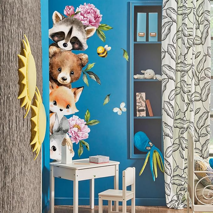 Woodland Animal Peeking Wall Decals, Removable Nursery Jungle Animals Butterflies, Flowers Wall Stickers for Kids, Boys and Girls Room, Bedroom & Toddler Room Door Decor (Animal Door Decals 61) - Image 5