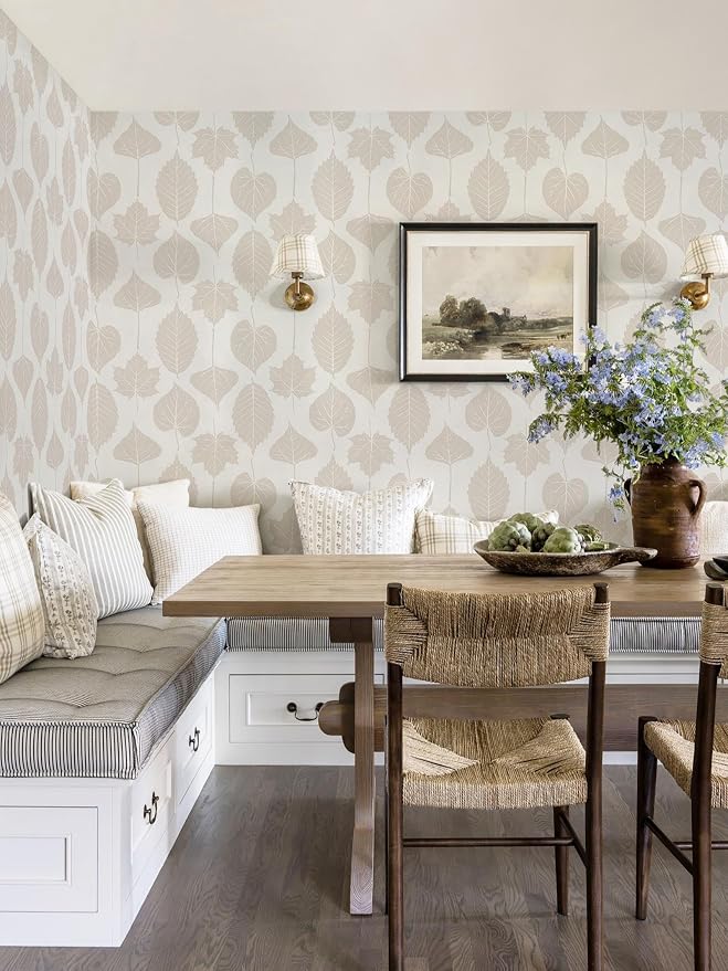Dimoon Modern Peel and Stick Wallpaper Beige Leaf Contact Paper Botanical Wallpaper Boho Renter Friendly Removable Geometric Wall Paper for Bedroom Kitchen Textured 17.3''x394'' - Image 3