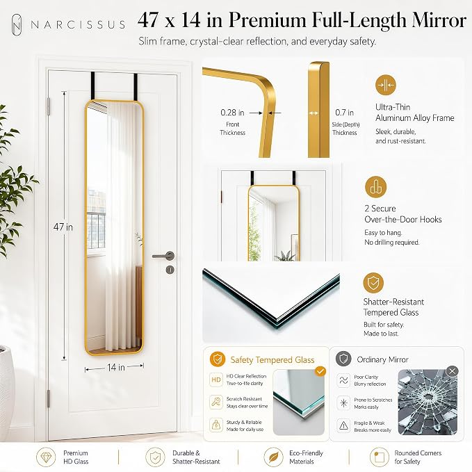NARCISSUS Over the Door Full Length Mirror 47x14 Inch, Wall Mounted Dressing Mirror, Door Hanging Full Body Mirror HD Reflection Glass for Bedroom, Aluminum Alloy Frame Gold - Image 3
