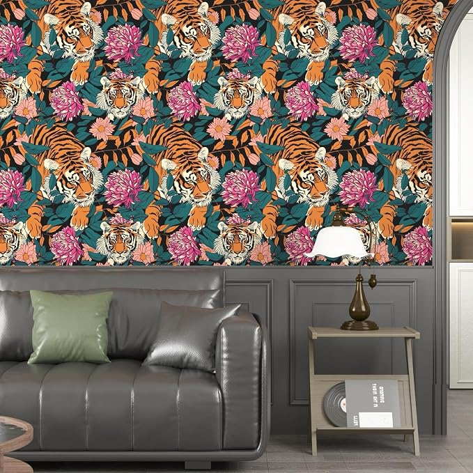 BOKEBEVE Tiger Floral Wallpaper Peel and Stick Vintage Orange 17.5 x 118In | Removable Self Adhesive Renter Friendly Jungle Tiger Wall Paper for Bedroom Bathroom Living Room Feature Accent Wall - Image 4