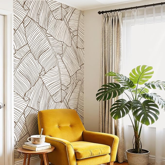Banana Leaves Peel and Stick Wall Mural Tropical Leather Textured Vintage Self-Adhesive Wallpaper for Accent Wall Art Decor, Brown Banana Leaves Line, 46.3'' x 98.03'' - Image 2