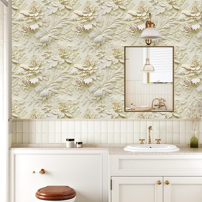 3D Embossed Wallpaper Peel and Stick Cream Floral Contact Paper | Nature Peony Flower Wallpaper Flat Printed Faux Sculpted Floral Sticker for Living Room Bedroom Bathroom Mural 17.5"x102" - Image 2