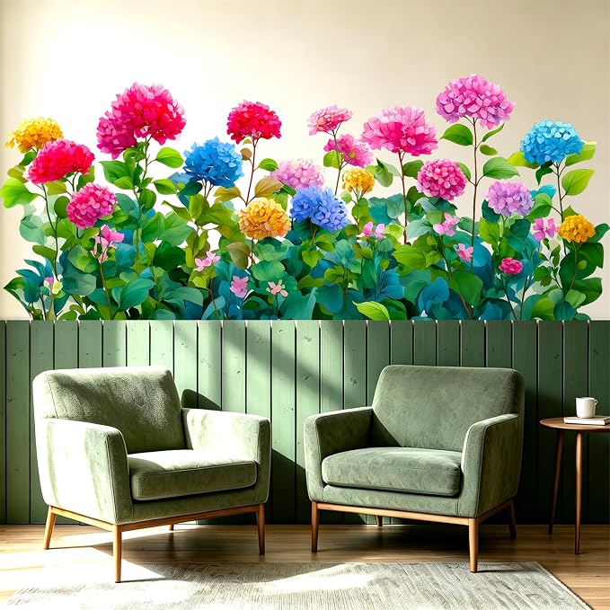 Colorful Hydrangea Floral Flower Border Removable Wall Decals Decor Sticker | Green blooms plants removable vinyl peel and stick art wall stickers mural for living room bedroom kitchen bathroom office by VePret