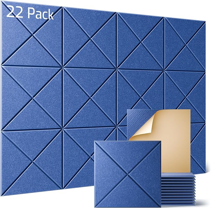 Sonicism 22 Pack X-Lined Acoustic Panels with Self-Adhesive, 12"X 12"X 0.4" Sound Proof Foam Panels, Decorative Soundproof Wall Panels, Sound Absorbing Tile for Home & Offices, Cerulean Blue by Sonicism