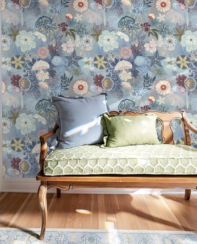 Ismoon Floral Peel and Stick Wallpaper Vintage Blue Contact Paper Jellyfish Ocean Stick on Wall Paper Removable Self Adhesive Vinyl Wallpaper for Bedroom Wall Decor Cabinet Refurbishment 17.3x393in - Image 7