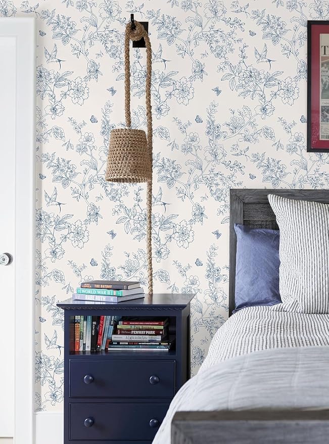 Froluya Cream White and Blue Peel and Stick Wallpaper Floral Contact Paper | 17.7in×590.5in Blue Floral Wallpaper Peel and Stick Vintage Flower Bird Self Adhesive Removable Wall Paper for Bathroom Vinyl - Image 9