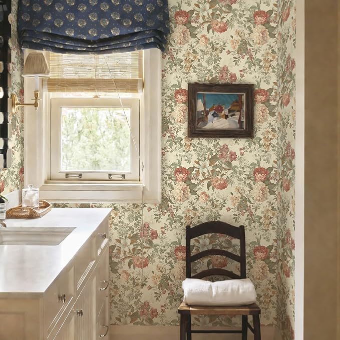 Floral Wallpaper Vintage Peel and Stick Wallpaper for Bathroom 78.7"×17.3" Cream Floral Wall Paper Peony French Country Contact Paper for Nursery Kitchen Self-Adhesive Vinyl Waterproof - Image 2