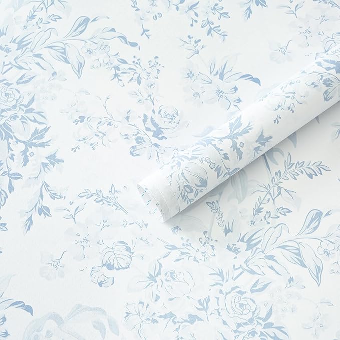 Heroad Blue Peel and Stick Wallpaper Vintage Floral Contact Paper Girly Wallpaper Boho Flower Wall Paper Removable Self Adhesive Stick On Walls for Bedroom Bathroom Waterproof Vinyl Roll 17.3''x196'' by HeroadBrand