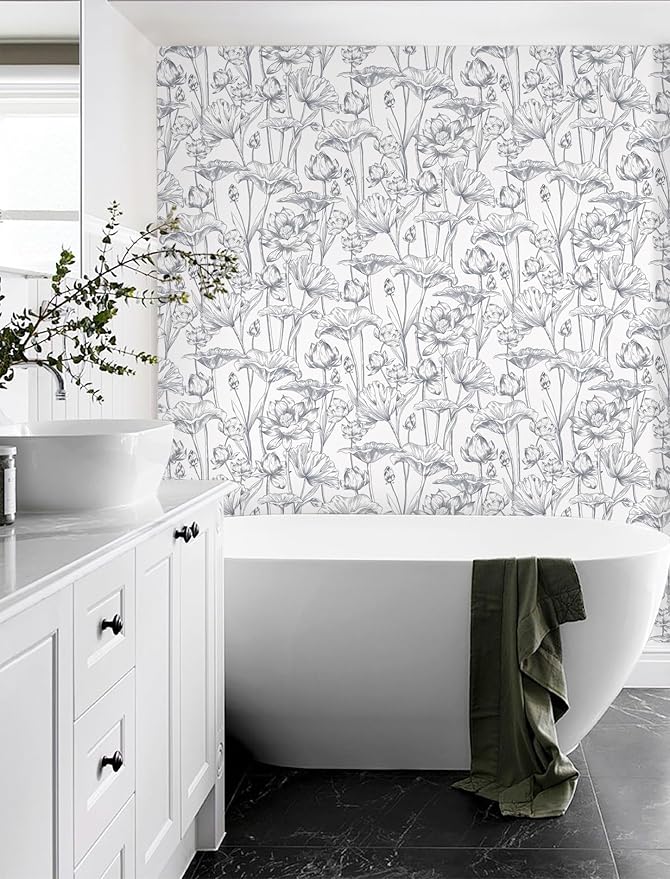 Timeet Floral Peel and Stick Wallpaper 16" x 197" White and Purple Wallpaper Lotus Removable Self Adhesive Contact Paper for Bedroom Bathroom Wall Paper Wall Decor - Image 3