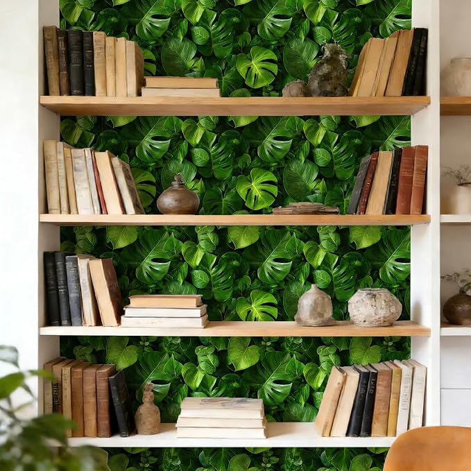 Vintage Tropical Monstera Botanical Peel and Stick Wallpaper | Rich glossy green monstera tropical leaf print, Removable waterproof vinyl wall covering, bedroom accent wall decor - Image 5