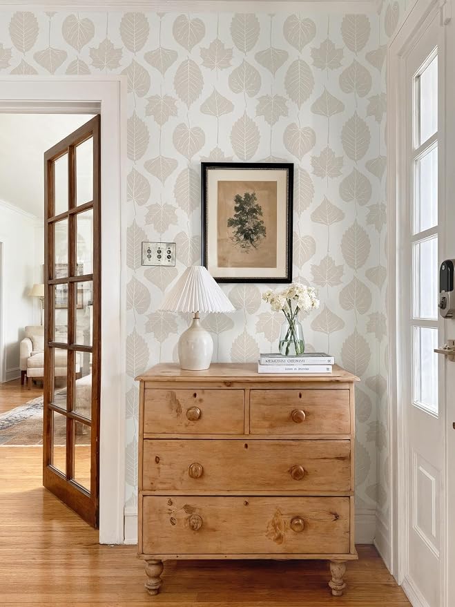 Dimoon Modern Peel and Stick Wallpaper Beige Leaf Contact Paper Botanical Wallpaper Boho Renter Friendly Removable Geometric Wall Paper for Bedroom Kitchen Textured 17.3''x78.7'' - Image 2