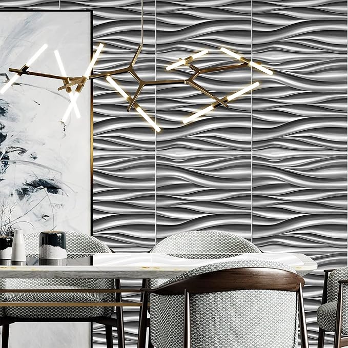 STICKGOO Wave 3D Wall Panels, Brushed Silver, 19.7''x19.7'', Pack of 12 | PVC Accent Wall Panels for Interior Wall Decor, Living Room, Lobby Bedroom Hotel Office, Cover 32.4Sq.Ft - Image 5