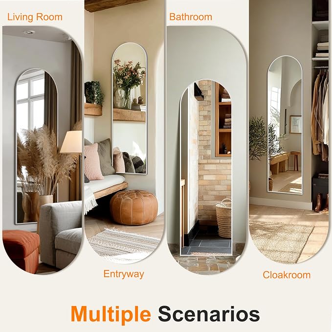 Arched Full Length Mirror, 56"x15" Standing Body Mirror for Wall, Silver - Image 4