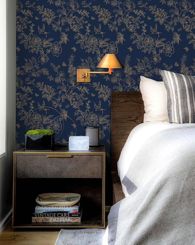 Froluya Dark Blue Peel and Stick Wallpaper Vintage Floral 17.7in×590.5in | Navy Blue and Gold Floral Self Adhesive Wall Paper Dark Birds Removable Decorative Contact Paper for Bathroom Cabinets Vinyl - Image 9