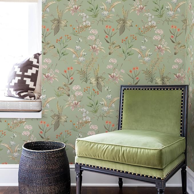 Simon&Siff Vintage Floral Peel and Stick Wallpaper 800" x 17.3" | Sage Green Botanical Contact Paper, Self Adhesive Removable Wall Paper, Renter Friendly, Bedroom Cabinets DIY Decor - Image 6
