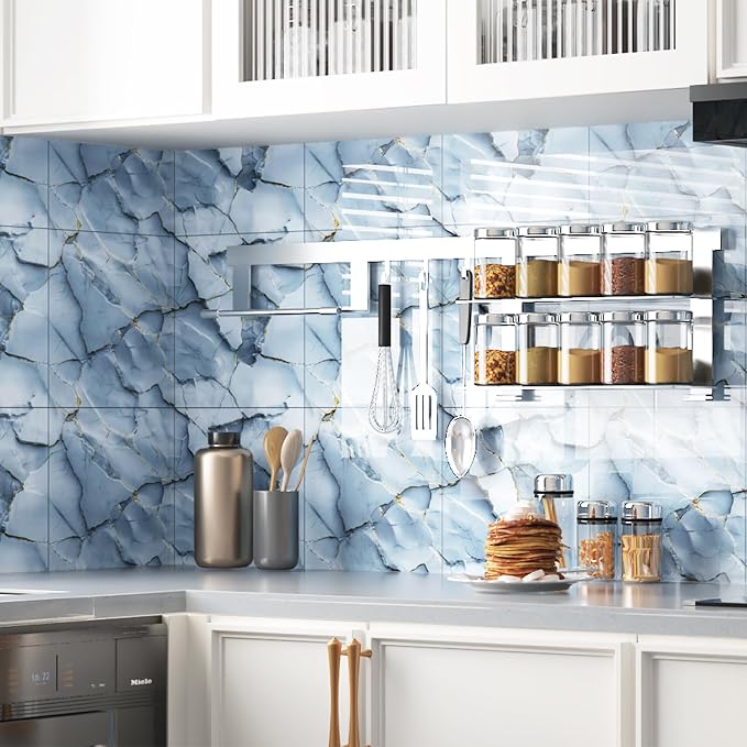 20pcs Blue Marble Peel and Stick Shower Wall Panels 11.8"x11.8" | (Total 19.4 Sq.Ft.) Faux Stone,Slate Blue,Waterproof,Backsplash Tile,Stick on Wall,for Bathroom,Bedroom,Kitchen - Image 2