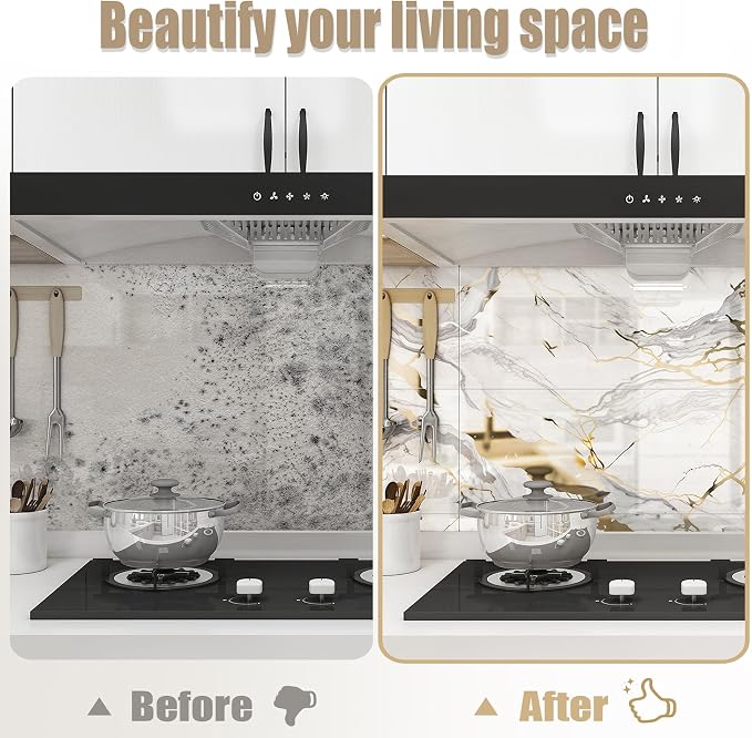 10pcs Thick Marble Peel and Stick Waterproof Wall Panels,Heat-Resistant Backsplash Tile, 23.6"x11.8" PVC Foam Wall Sticker for Kitchen,Living Rooms,TV Walls,White and Gold (Not Real Tile 19.4Sq. Ft.) - Image 9