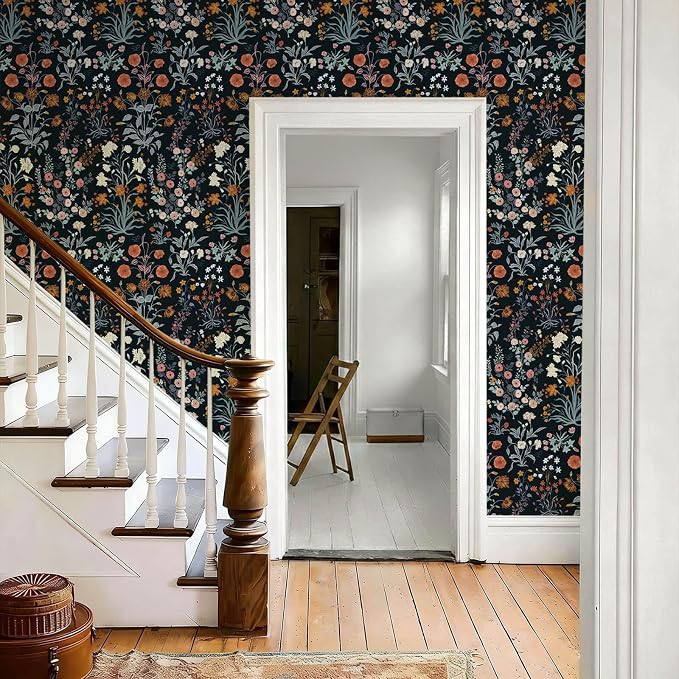 Floral Peel and Stick Wallpaper Vintage Wallpaper Dark Blue Wall Paper Wildflower Contact Paper for Cabinets Vinyl Renter Friendly Waterproof Self-Adhesive Bathroom Kitchen Bedroom 1.44’x 32’ - Image 6