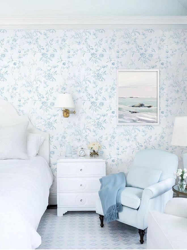 Dimoon 393"x17.3" Blue Wallpaper Floral Peel and Stick Wallpaper Blue Contact Paper Vintage French Country Renter Friendly Bathroom Boho Flower Removable Wall Paper Kitchen Self Adhesive Vinyl Roll - Image 2