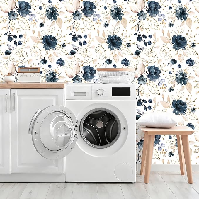 Navy Blue Floral Peel and Stick Wallpaper 17.7"x393.3" | Removable thick vinyl, watercolor botanical design, laundry room, bedroom, bathroom, renter friendly accent walls - Image 5