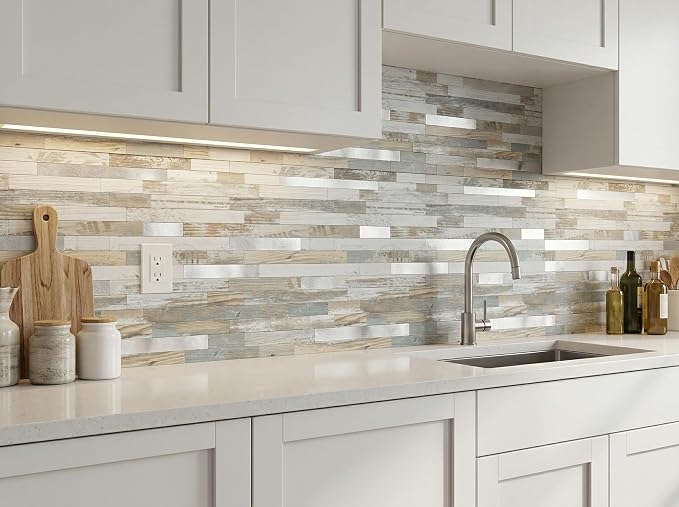 Yipscazo 20 Sheets Peel and Stick Wood Metal Tile Backsplash, Stick on Tiles for Backsplash Kitchen, Bathroom, Laundry Room, Camper, Fireplace (12'' X 12'', White Wood with Metal) - Image 5