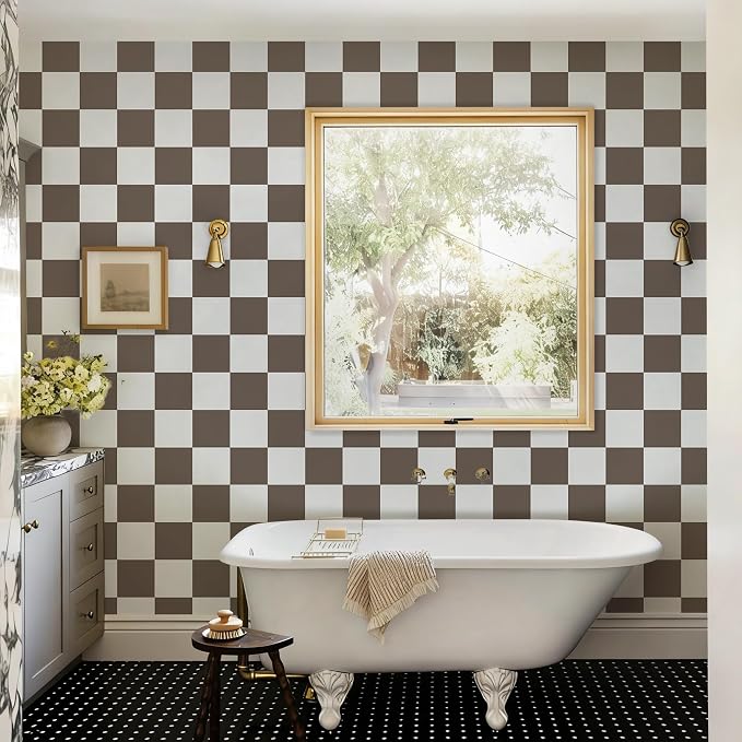 Ismoon Plaid Peel and Stick Wallpaper Vintage Brown Contact Paper 17.3"x78.7" Neutral Mosaic Checkered Wallpaper Stick on Removable Wall Paper for Cabeints Bedroom Kitchen Renter Friendly Vinyl - Image 8
