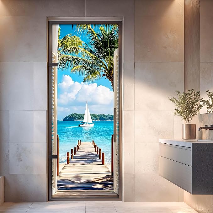 HOMETITUTE Tropical White Shutter Beach Peel Stick Door 30.3x78.7 Vinyl | Wall Cover Poster Decals Removable Wallpaper Self Adhesive Bedroom Livingroom Office - White Shutter - Image 4
