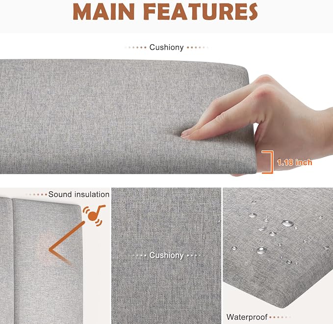 IFNOW Wall Mounted Headboard, Peel and Stick Panels, Medium Gray, King | 3D Soundproof Acoustic Padding, Reusable and Removable, Tufted fabric Bed Headboard, for bedroom (12 Panels, 10" x 24") - Image 2