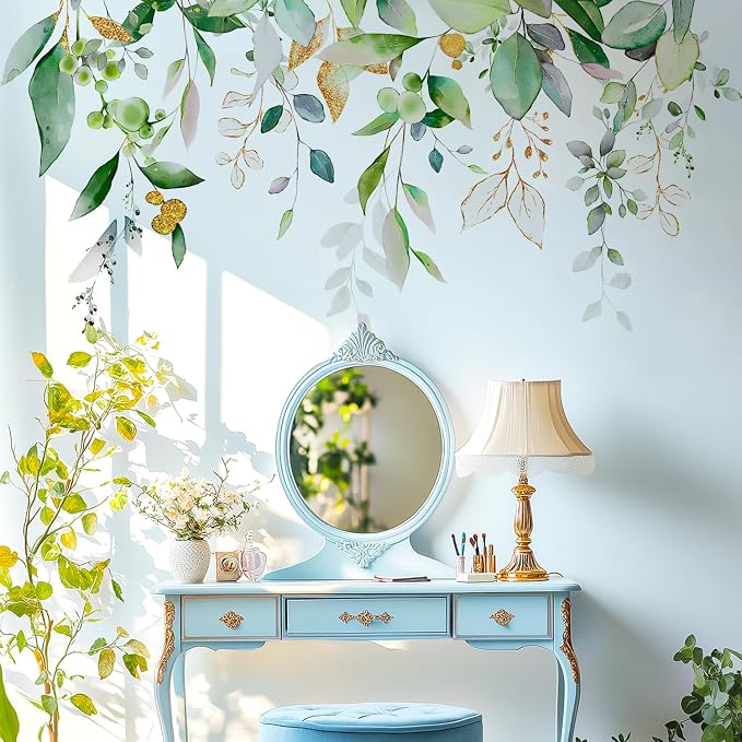 Boho Eucalyptus Gold Foil Hanging Vines Green Leaf Wall Decals Decor Art | Watercolor gold foil greenery peel and stick wall sticker, removable floral flower vinyl mural for living room bedroom by VePret