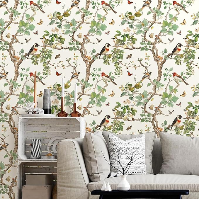 Nukofal Vintage Peel and Stick Wallpaper Bird Contact Paper 16.9inx196.8in | Floral Peel and Stick Wallpaper Floral Bird Wallpaper Boho Self Adhesive Removable Wall Paper for Bathroom Wall Decorative - Image 7