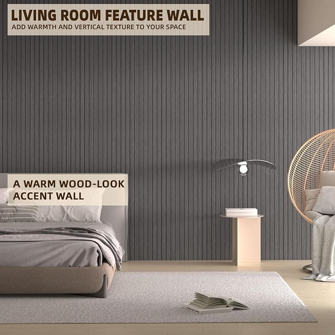 Peel and Stick Wood Slat Wall Panels, Dark Gray, 118 x 15.7 in | 3D Fluted, PVC Paneling for Accent Wall, Ceiling, Living Room, Office, Bedroom - Image 5