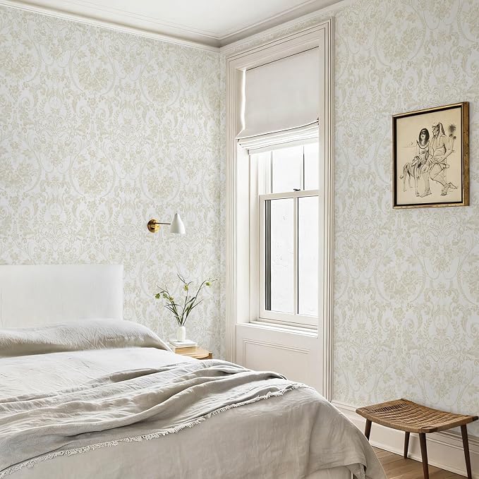 Peel and Stick Wallpaper for Bedroom Beige and White Damask Waterproof - Image 2