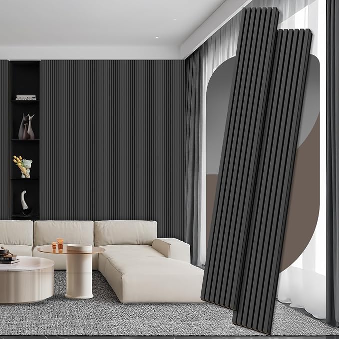 RITOLLO Wood Panels for Wall, 106.3" × 11" Wood Slat Acoustic Panels for Wall, Soundproof Panels, 3D Fluted Panels for Interior Wall Decor Matte Black-106.3×11(2pcs by Ritollo