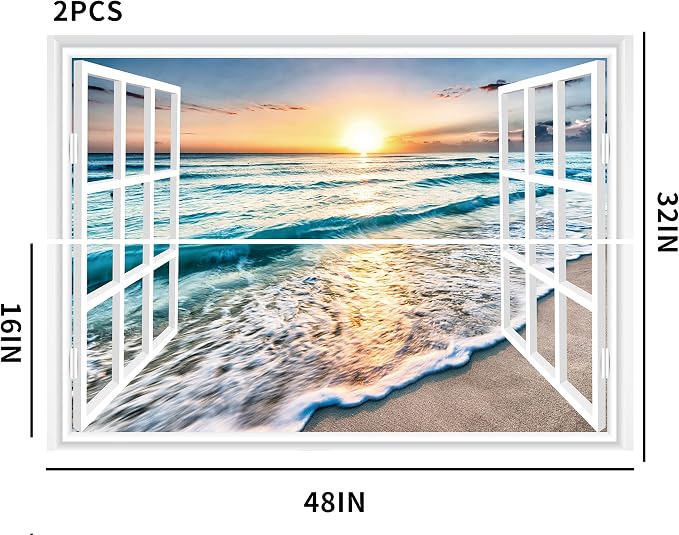 FLFK Fake Window Wall Sticker - Sunset Beach Faux Window Wall Mural for Wall Decor, Stick and Peel Wall Decals,48"x32",Set of 2 Sheets - Image 2