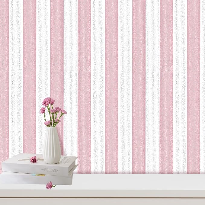 Striped Pink and White Wallpaper Peel and Stick Boho Silver Stripe Textured Contact Paper 15.7"x118" Self Adhesive Removable Waterproof Wallpaper for Bedroom,Cabinets,Drawer Liners by Horryhaushomedecoration