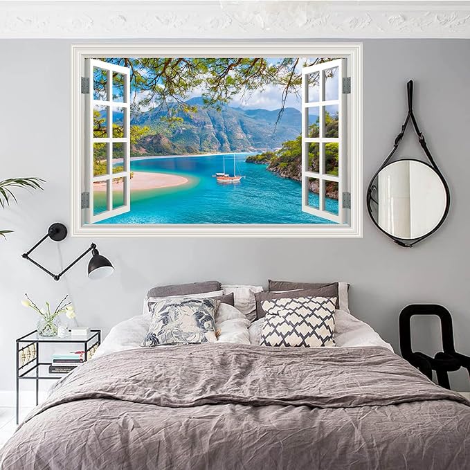 Fake Window Wall Decal- Beach Seascape Mountain Forest Open Wall Sticker | Faux Window Ocean Sailboat Natural Scenery Landscape Art Mural｜Stick and Peel Wall Decals｜for Room Office Scene Decor｜24"x16" - Image 7