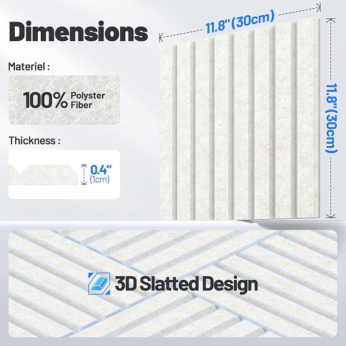 20 Pack Sound Proof Foam Panels for Walls, Acoustic Panels Self-Adhesive | 12" X 12" X 0.4" Slatted Soundproof Wall Panel, High Density Sound Absorbing Panel for Gaming Recording Studio Decor-Ivory - Image 7