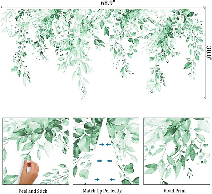 Mint Green Plants Leaves Wall Decals Peel and Stick, Large Floral Flowers Vinyl Wall Stickers, Removable Vine Home Decor Art for Bedroom Living Room Classroom Office - Image 2